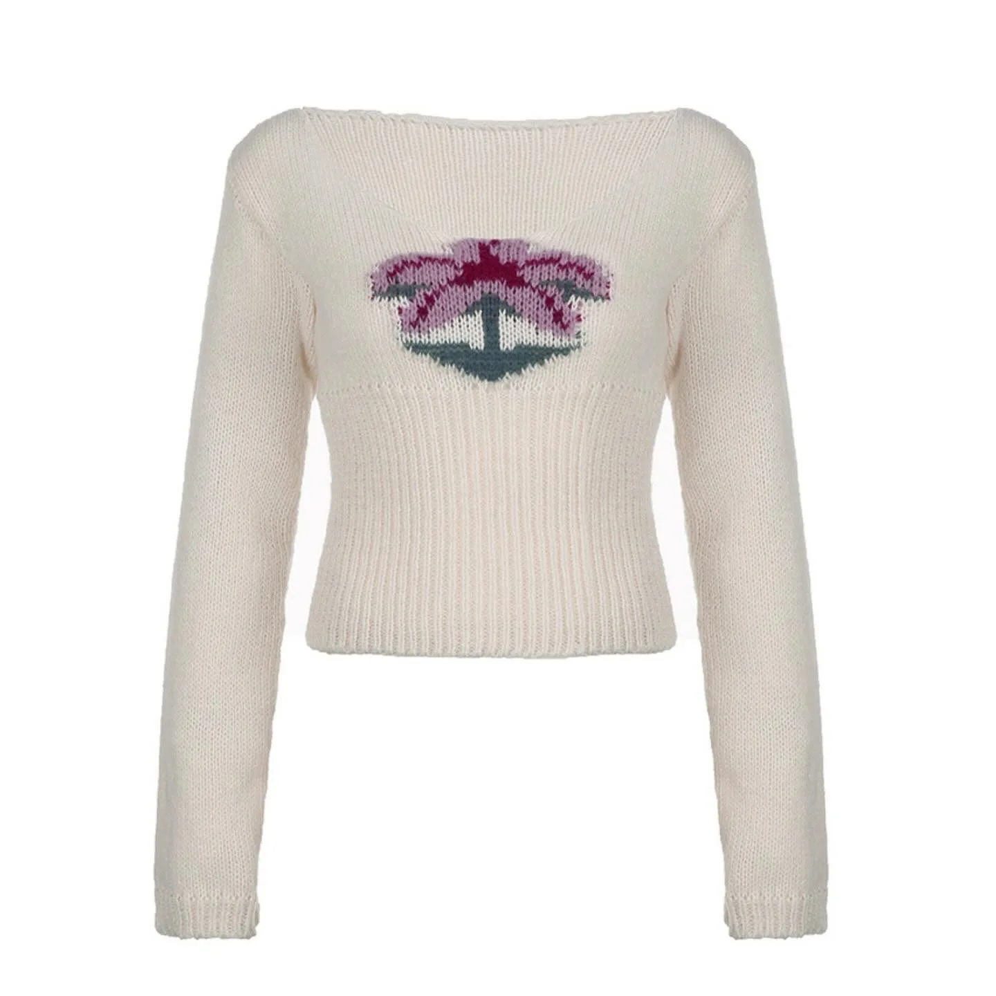 Y2k винтажный женский вязаный шерстяной свитер с круглым вырезом и длинными