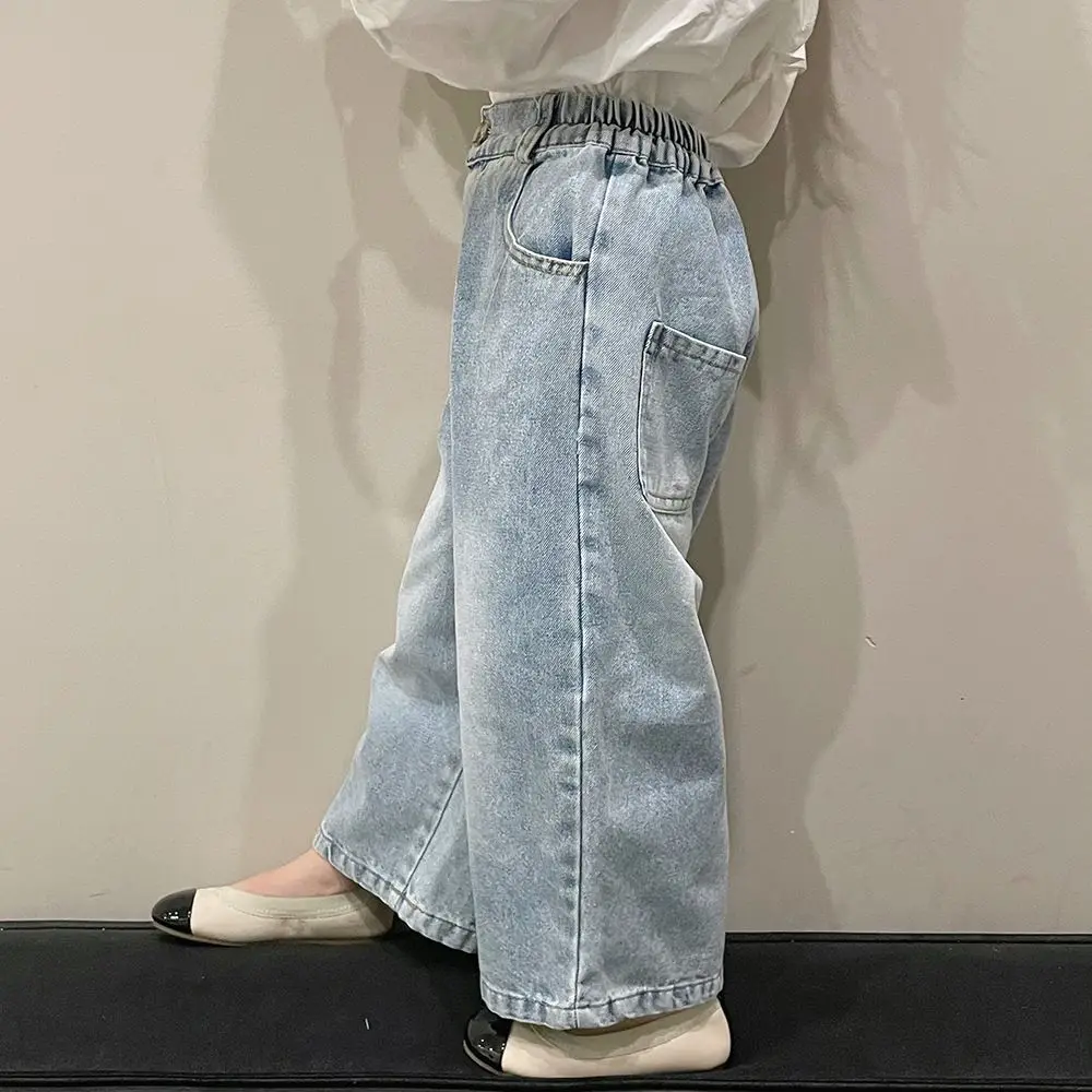 2023 wide leg pants jeans elastic waist ankle length loose straight cotton clean solid soft comfortable new korean children girl images - 6