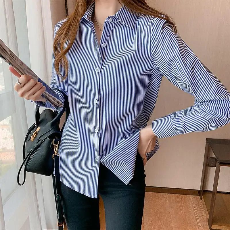 Spring Office Ladies Long Sleeve Shirt Blouses Mujer  Women Tops Autumn New Single-breasted Cotton Blue Striped Shirt Women