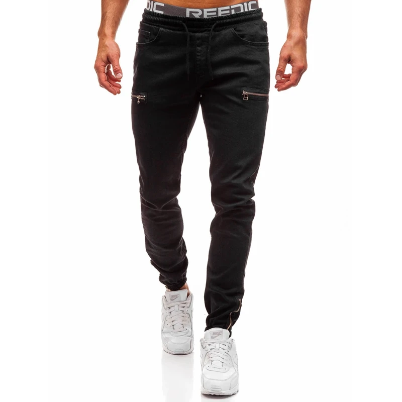Men Jeans Spring and Summer Solid Color Slim-Fit Zipper Sports Jeans Men's Casual Lace-up Mid-Waist Denim Pencil Pants Trousers