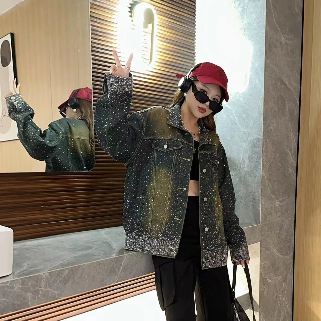 

Осень 2023, джинсовая одежда с градиентными цветными блестками, одежда для улицы, Кардиган с длинным рукавом, женская одежда