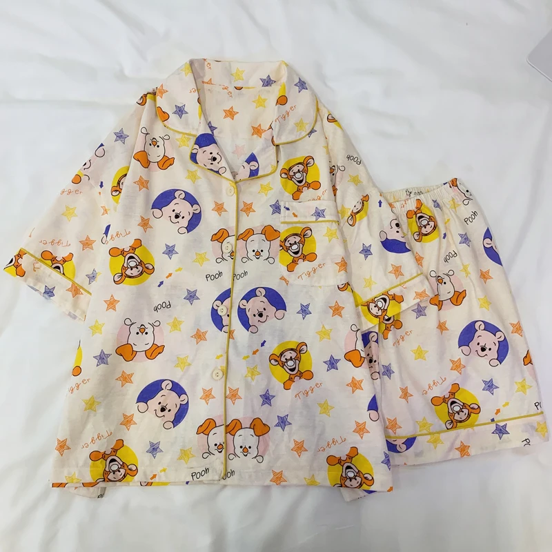 Cute Pajamas Set for Women Bear Tiger Printed Sleep Clothes Anime Pyjama Girls Japan Cozy Homesuit Leisure Mujer Short Sleeved
