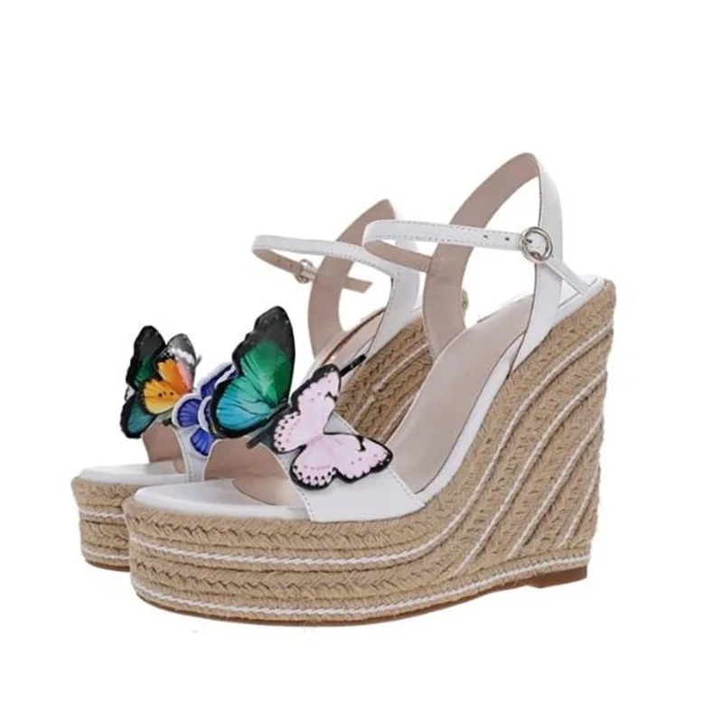 

Fashion Butterfly Braid Espadrille Wedge Sandal White Leather Ankle Strap Open Toe Weave Platform Summer Wedge Espadrille Sandal