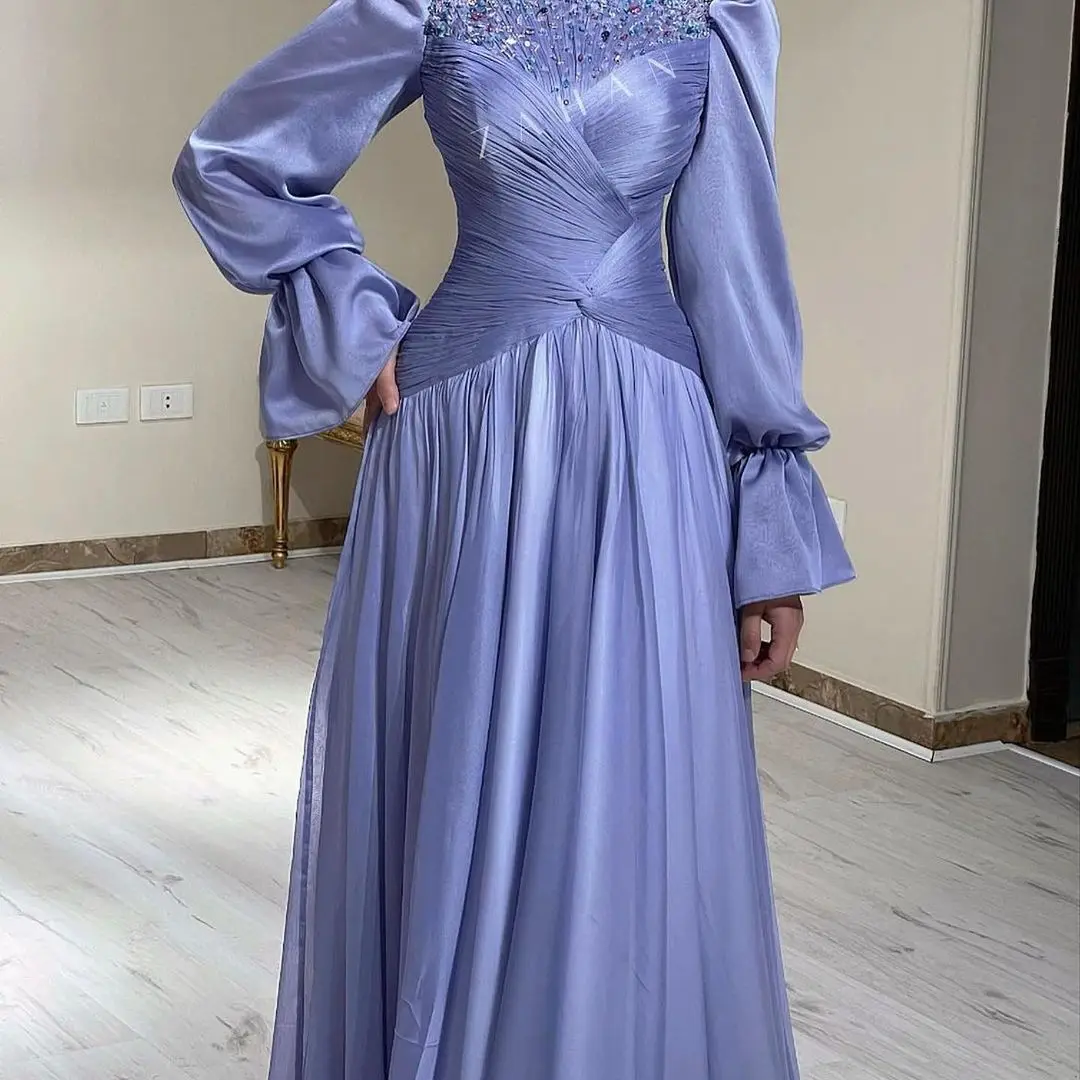 

Dusty Blue Long Sleeves Beadings Prom Dresses Pleated Floor Length Party Dresses Formal Occasion Dress