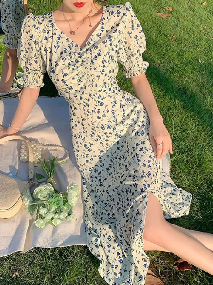 

Sexy Dress for Woman Midi Robe V Neck Party Dresses Split Puff Sleeves Woman Clothes Evening Female Clothes Sundress Vestidos