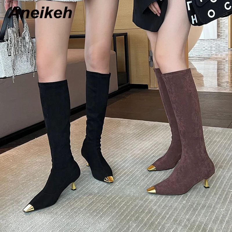 

Aneikeh Women Spring/Autumn Flock Chelsea Boot 2023 Fashion Sexy Pointed Metal Decoration Sewing Knee High Heel Boots Party Club