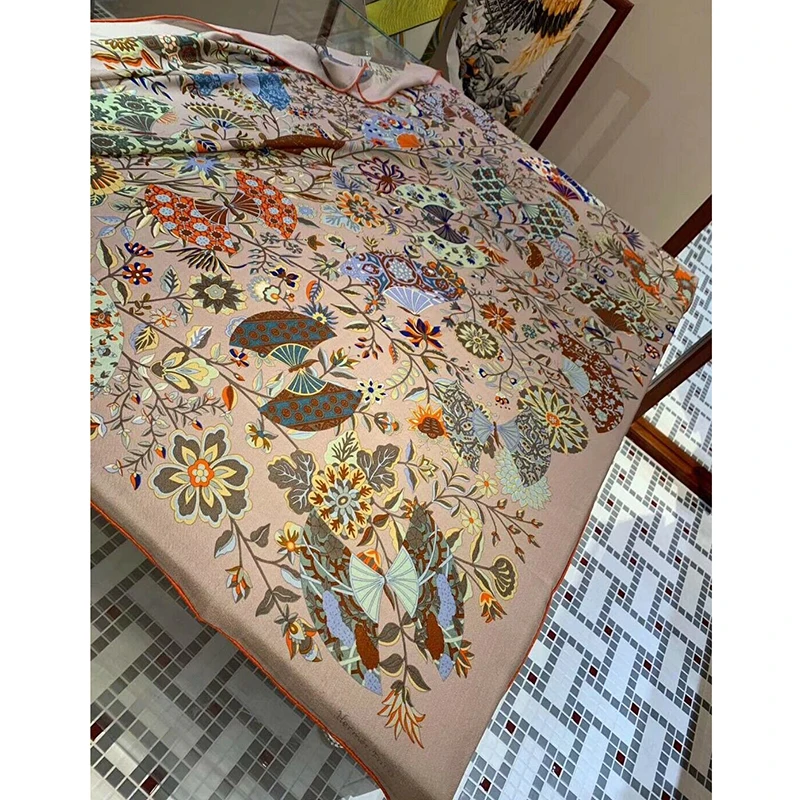 70% Cashmere 30% Silk Scarf Women Thin Shawl Fashion Boho Style Flower Print Kerchief Stole Blanket Bandana 135*135cm