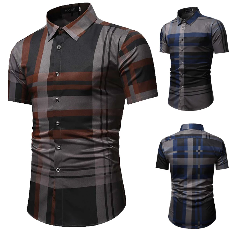 

Summer Men's Casual Short-sleeved Shirt Business Short-sleeved Shirt Check Stripe Short-sleeved Lapel Button Short-sleeved Shirt