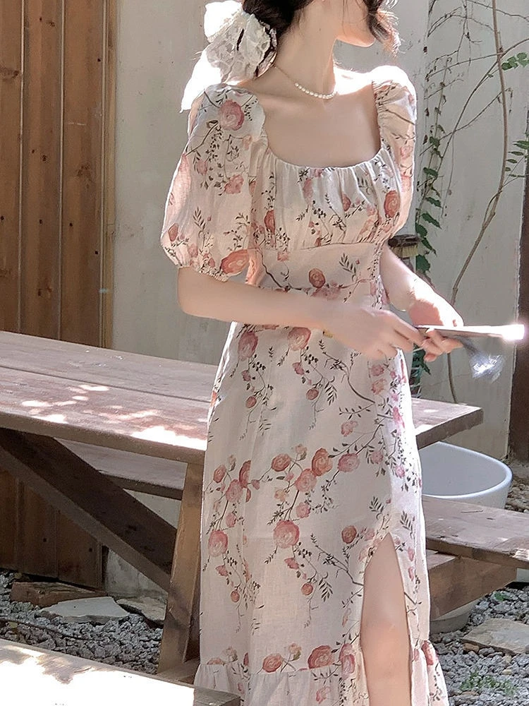 

Женское винтажное платье миди, элегантное офисное платье во французском стиле с коротким рукавом и цветочным принтом, лето 2023