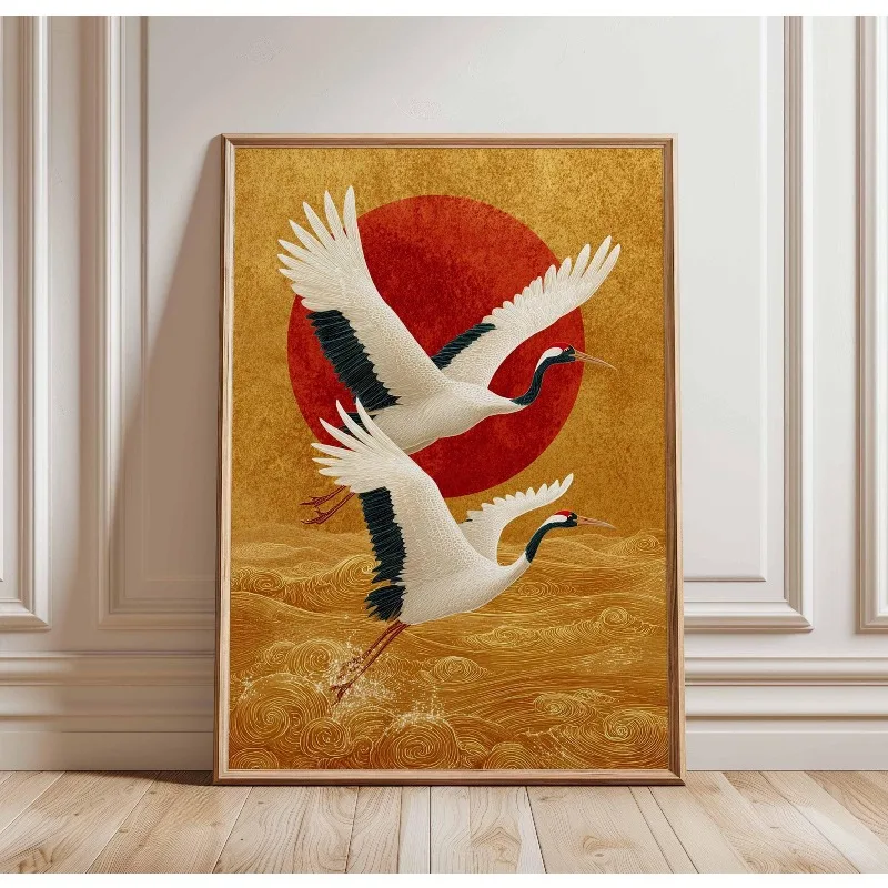 Японский элегантный журавль, птицы, природный постер, летающие журавли в золотом и белом холсте, картина, азиатское настенное искусство, домашний декор для гостиной