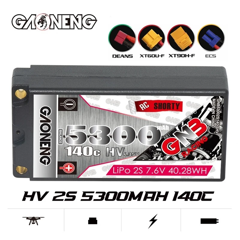 Gaoneng GNB 5300Mah 2S 7.6V Hv 140C/280C Low Profile Hardcase Shorty Lipo Batterij 5.0Mm bullet XT60 T Voor Racing Rc Auto Boot