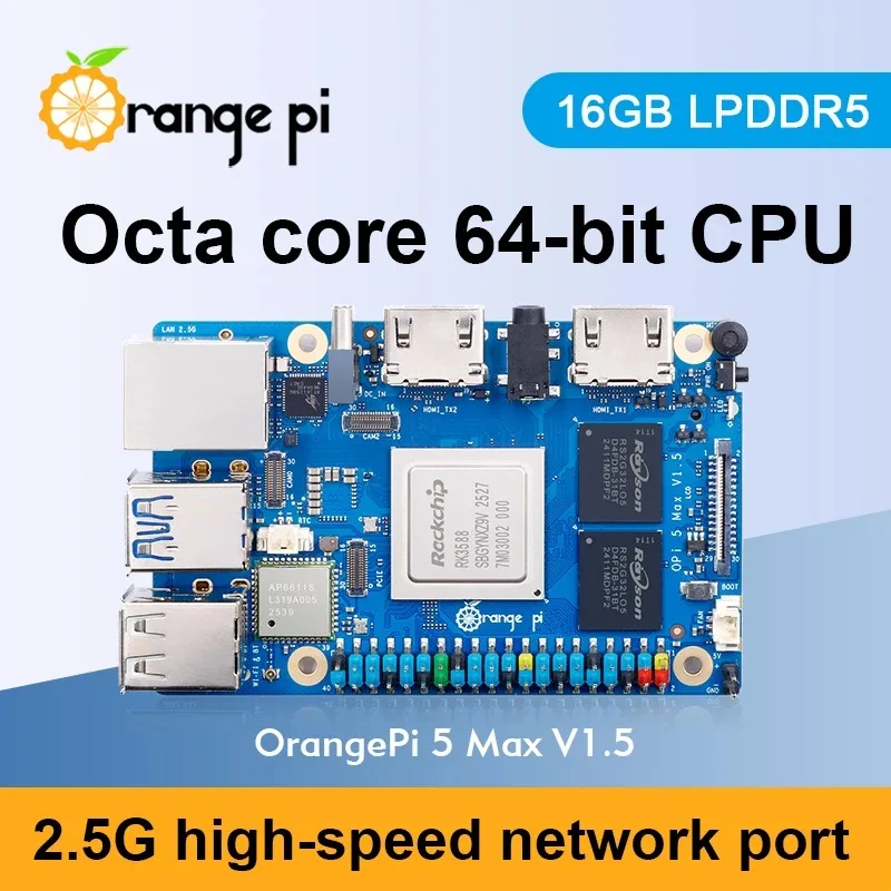 Фото RoRuS Orange Pi 5 Max 16 ГБ V1.5 Одноплатный компьютер LPDDR5 8-ядерный Rockchip RK3588 Мини-ПК 6 TOPS NPU Микрокомпьютер для ИИ-задач №2