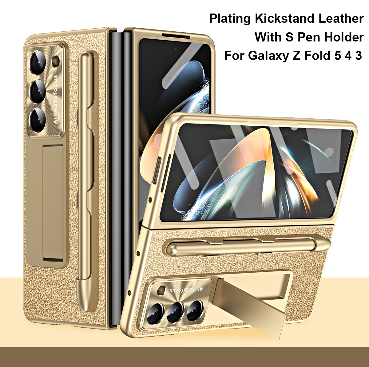 

For Samsung Galaxy Z Fold 5 Hinge Case Leather Fold 4 3 With S Pen Holder Full Protection Shockproof Plating Kickstand Cover