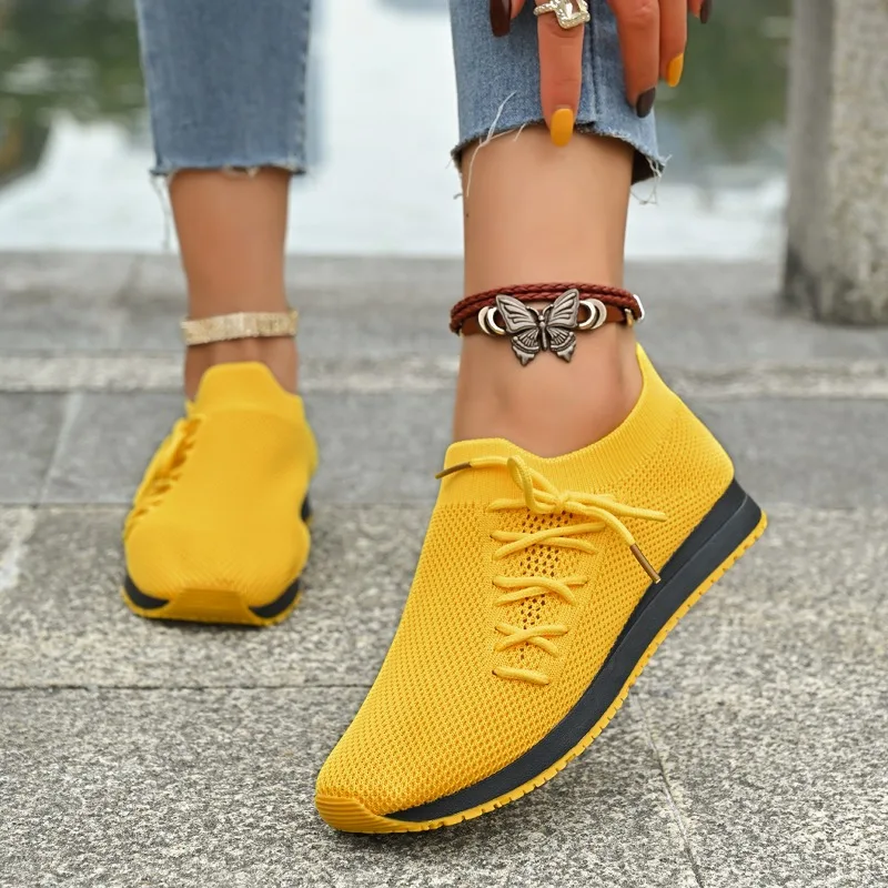 Желтые кроссовки для женщин новинка 2023 года повседневные вязаные дышащие