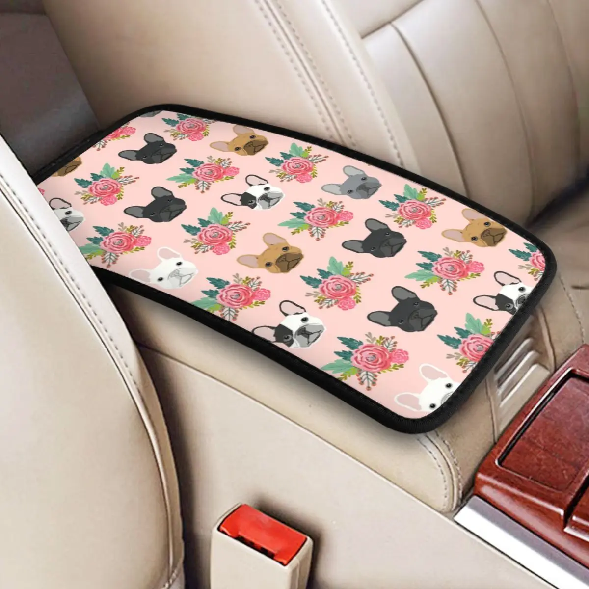 

French Bulldog Faces Pattern Pink Cute Dogs Car Armrest Box Pad Non-Slip Center Console Protection Cover Mat Universal Fit