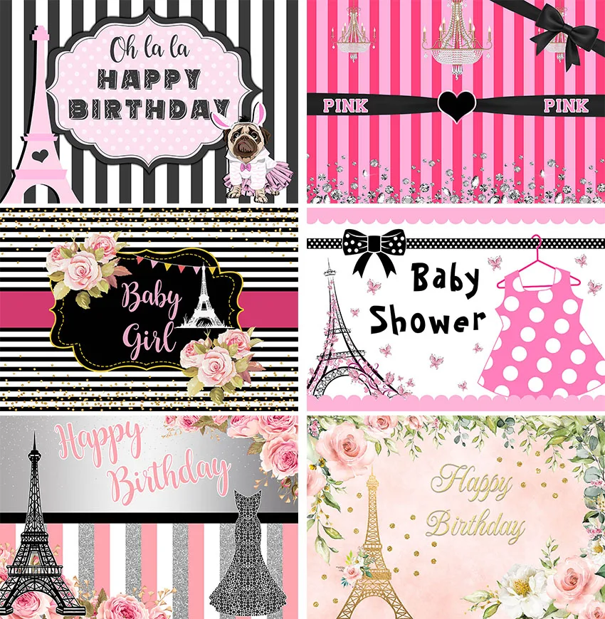 

Paris Happy Birthday Backdrop Eiffel Tower Photography Background Party Decorations Sweet Pink Stripes Girl Supplies Table