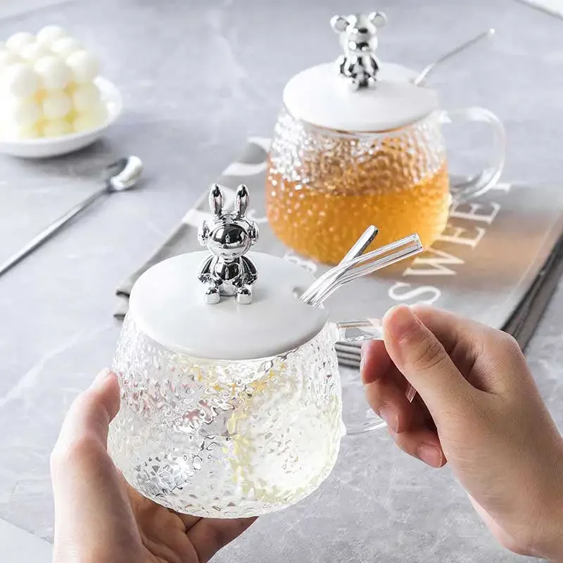 Стеклянная кружка с милым медведем крышкой и ложкой термостойкая стеклянная