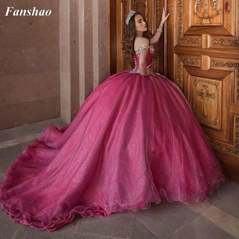 

Fanshao pd005 Sparkly Crystals Off Shoulder Organza Ball Gown Quinceanera Dress Sweetheart Beading Sweet 15 Prom Party Dresses