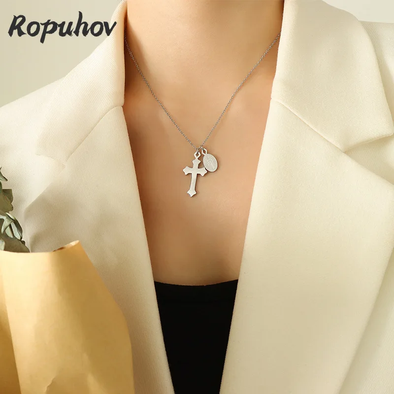 

Ropuhov Woman New French Design Elliptical Cross Elliptical Pendant Design Clavicle Necklace Titanium Steel