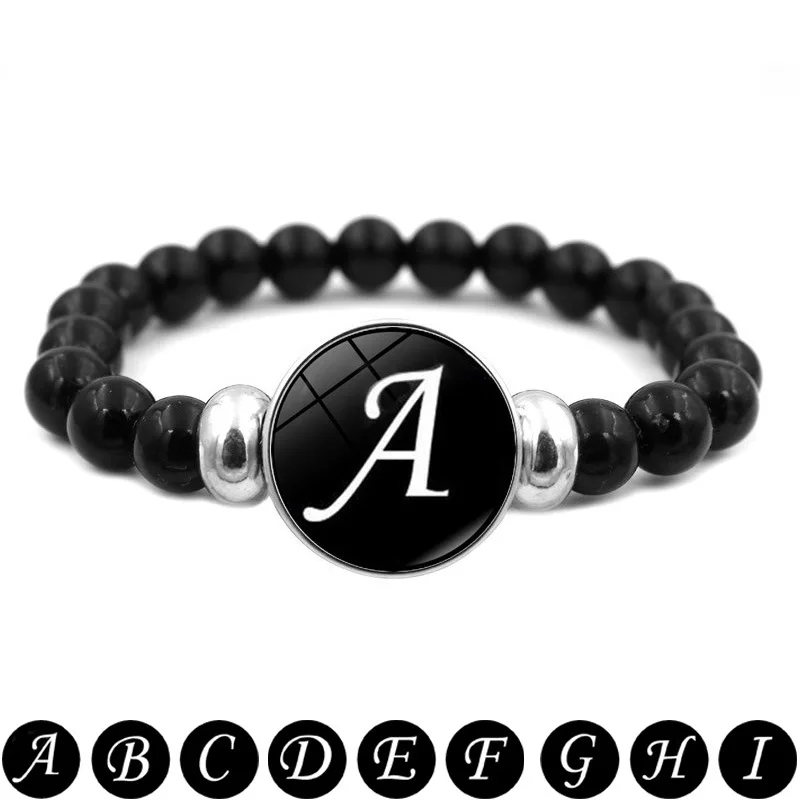 

New DIY 26 Letter Charm Stretch Bracelet Jewelry for Couple Name Friendship Creative Black Gems Beaded Bracelet for Women Gift