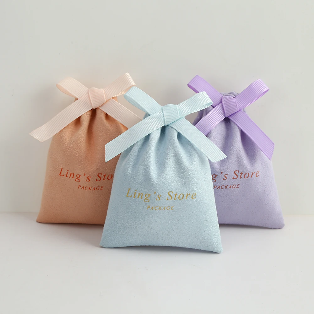 100 Custom Logo Flannel Jewelry Gift Bags 5x7cm Velvet Pouch Drawstring Packaging Bag for Makeup Wedding Favor Candy Decoration