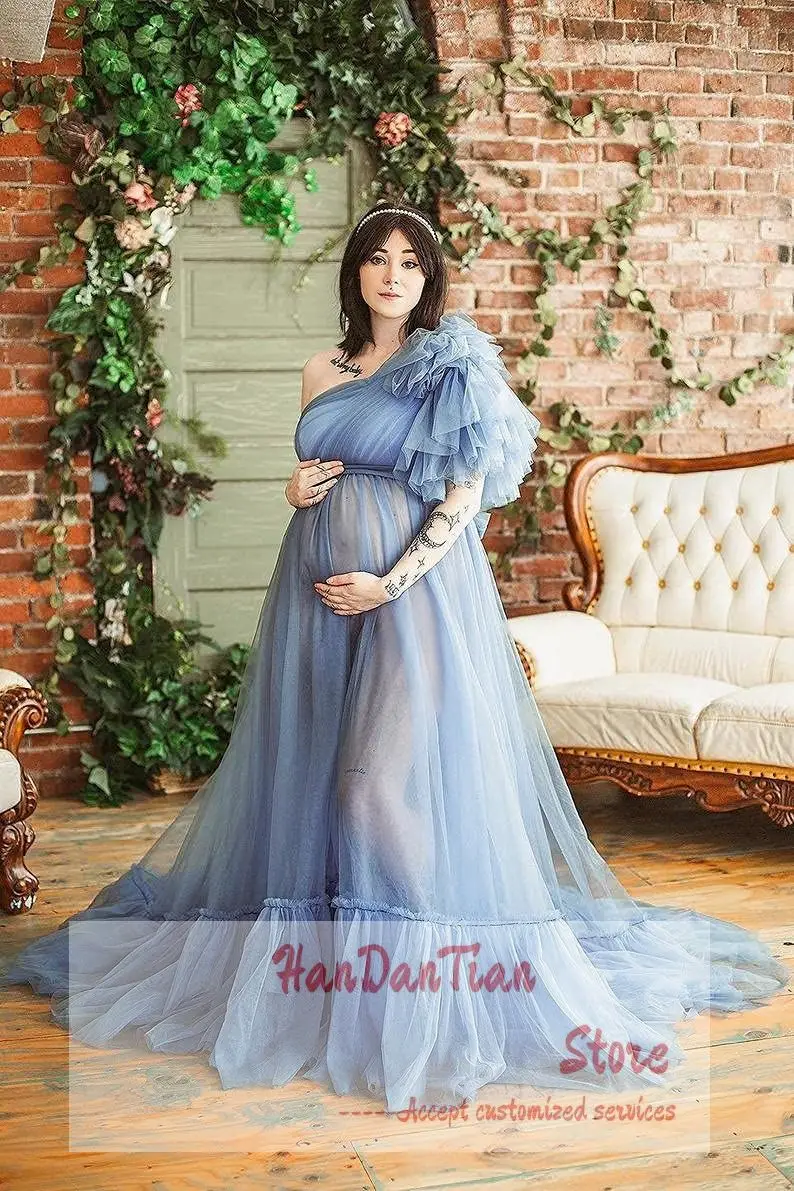 Tulle Robe Dress Maternity Gown for Photoshoot Ruffles One Shoulder Dressing Gown with Trim