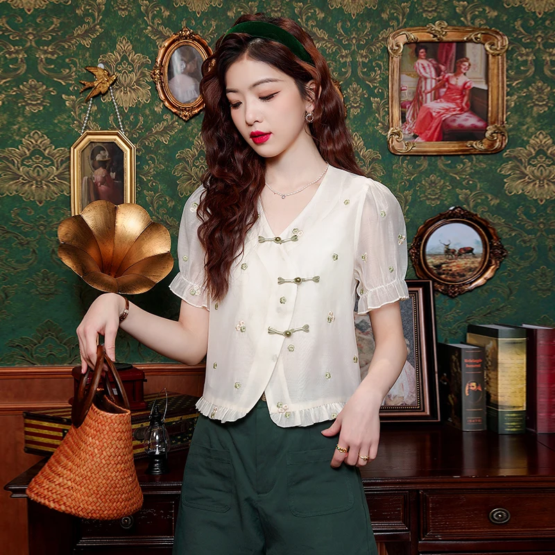 Женская летняя блузка с коротким рукавом и V-образным вырезом