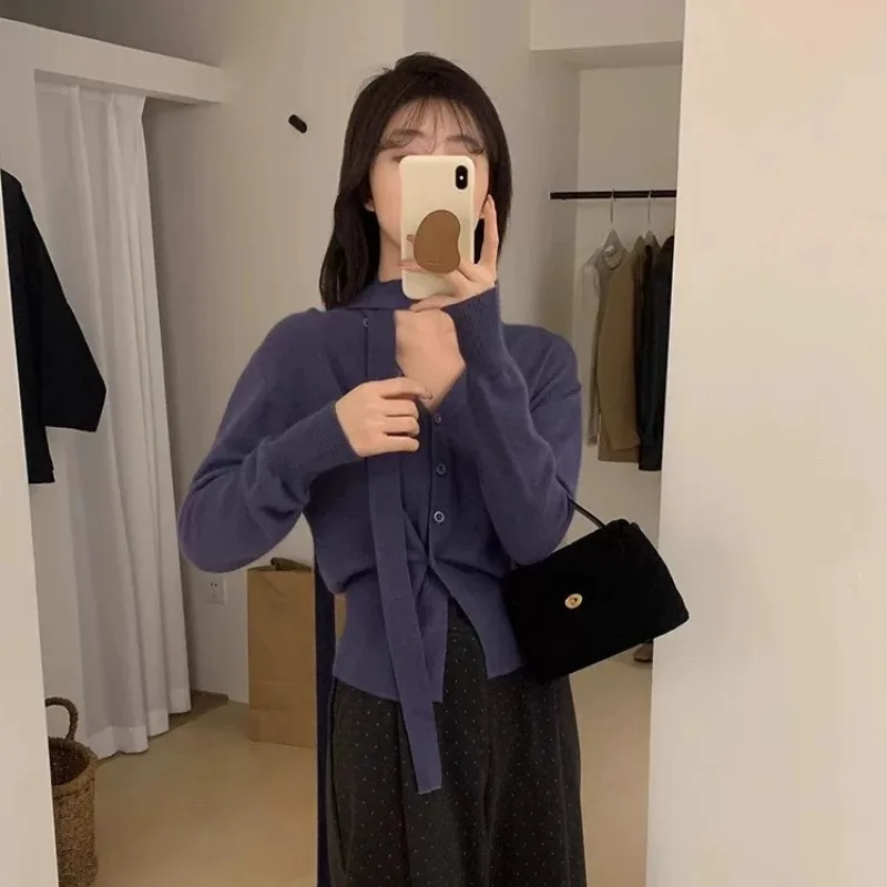 Lazy High Sense Фиолетовый вязаный свитер с v-образным вырезом и подвесным воротником