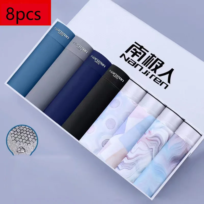 8/Pcs/Lot Boxer Men'S Shorts Breathable Comfortable Mens Underwear Mid Waist Antibacterial Ice Silk Male Quality Underpants