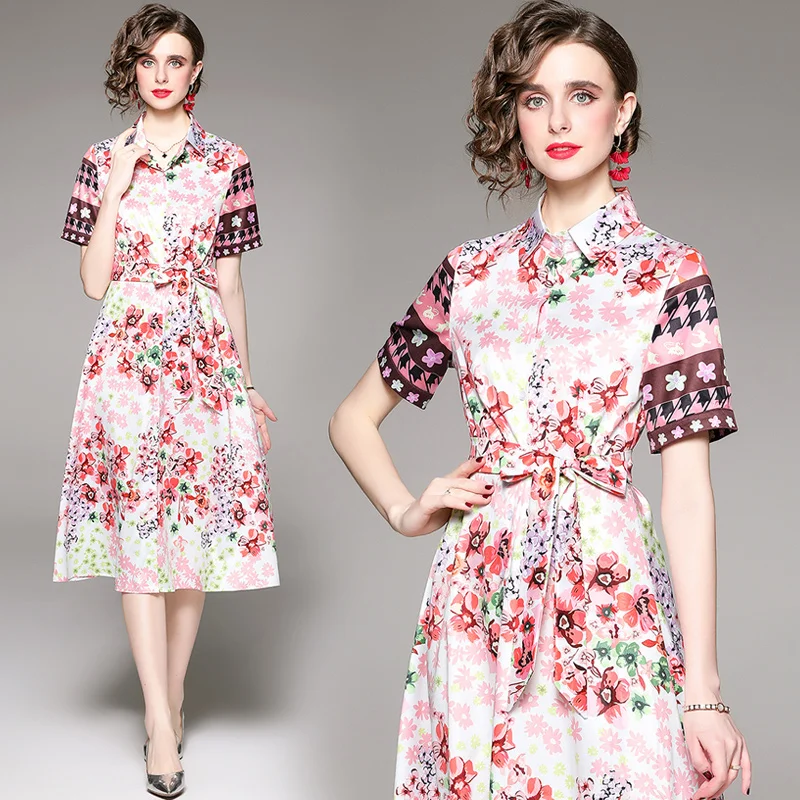 

2022 Short Sleeve Summer Design Printed Chic Ins Birthday Dress for Women Elegant Office Tunic Slim Single Breasted Shirt Dress