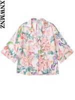 xnwmnz 2022 summer ladies fashion oversized floral shirt resort style v neck patch pocket side slit top women chic shirt