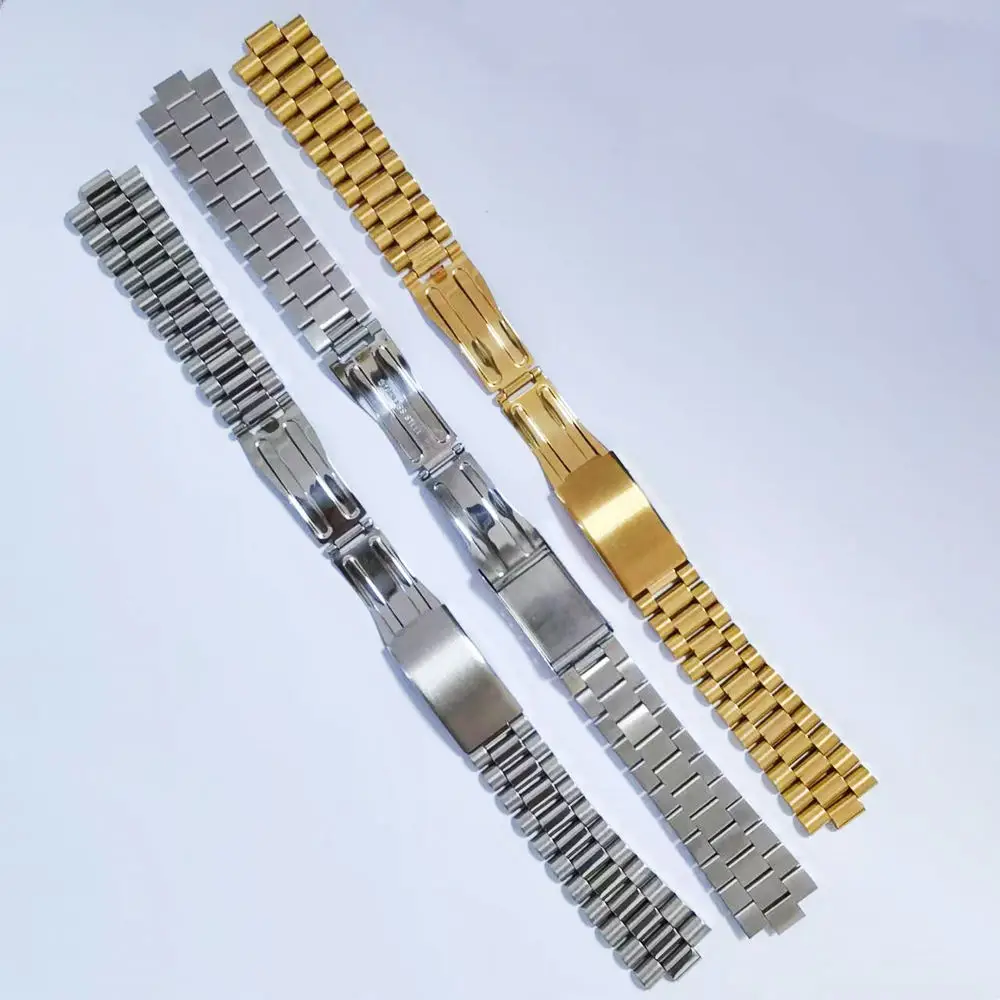 Gold Silver Stainless Steel President Curved End18mm 20mm 21mm Watch Strap Band Bracelet Fit For ROX SKX Watch