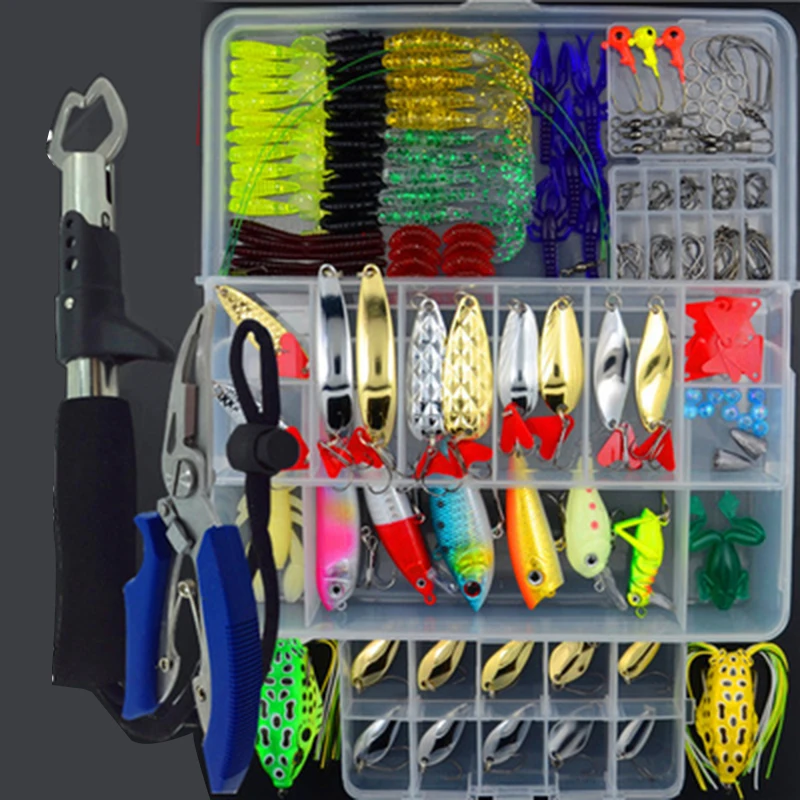 

Fishing Lure Set Mixed Spoon VIB Lure Kit Plier Grip Soft Lure Minnow Popper Frog Hooks Fishing Accessory Fresh Water 00079
