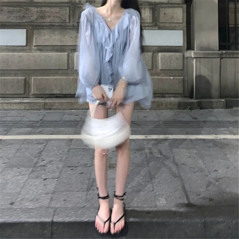 Блузка шифоновая с оборками Женская элегантная рубашка в Корейском стиле