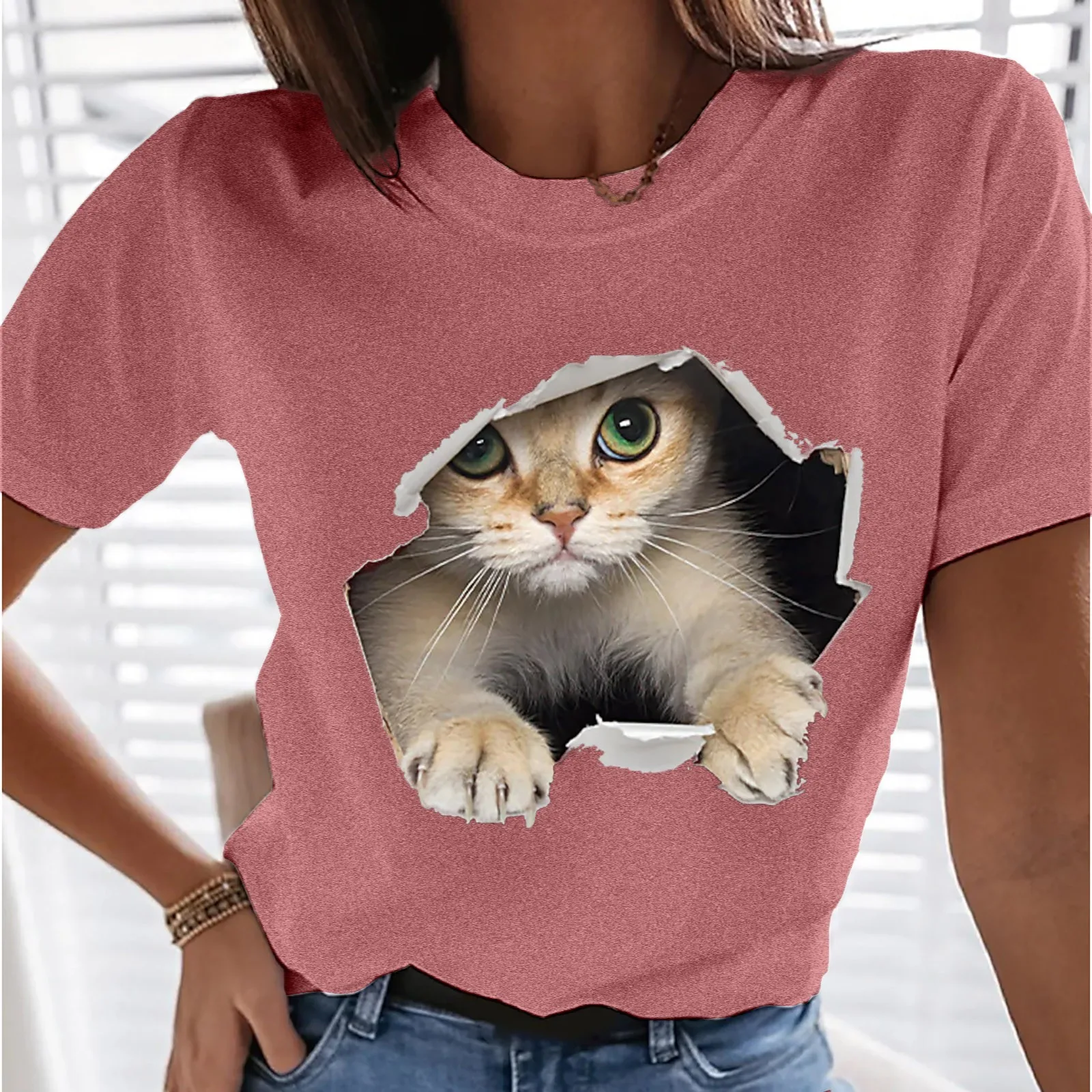 

Women Casual Cat Print Loess O Neck Short Sleeved Top Blouse T-shirt Polyester Womens Shirt