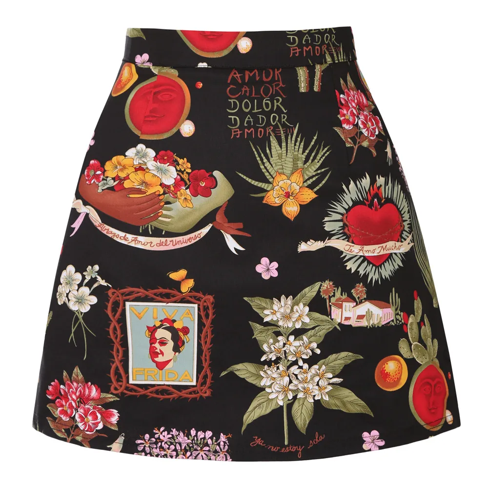 Beach Streetwear Vintage Black Floral Print Short A Line Skirt Falda Corta