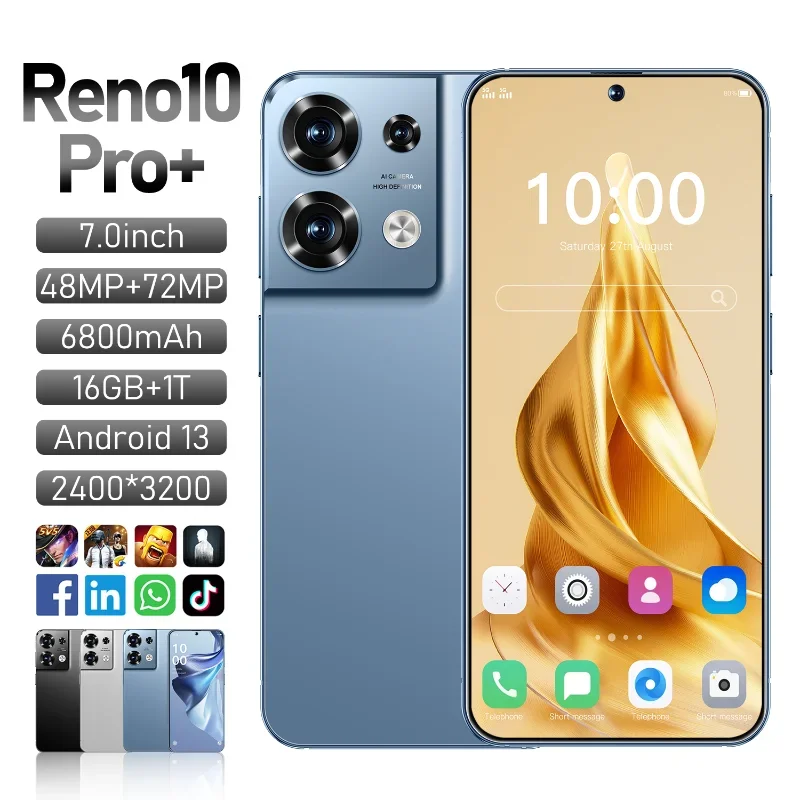

New Reno10 Pro Smartphone 7.0 HD Full Screen Mobile Phone Android Unlocked Telephone 16G+1TB Global Version 4G 5G Cellphones