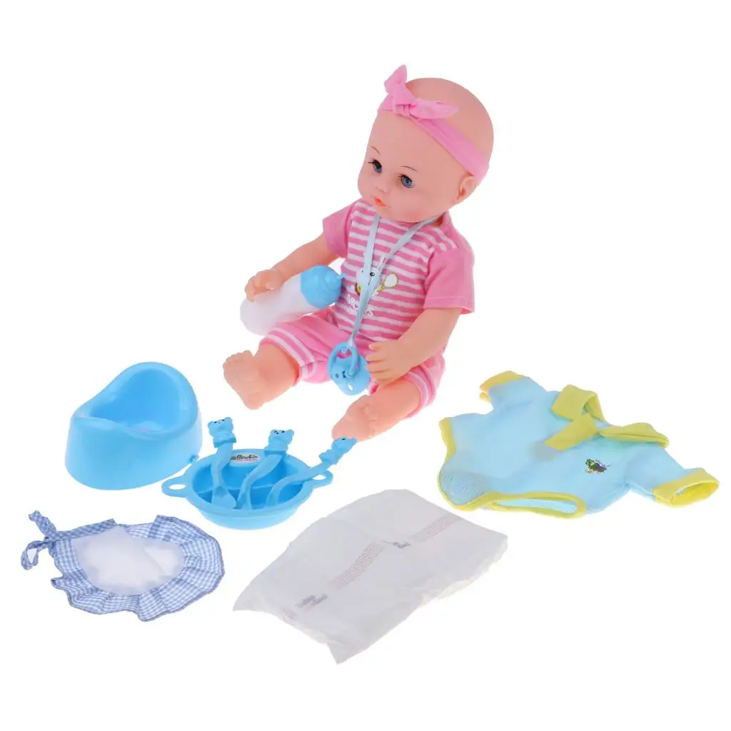 Realistic Baby Doll and Play Toys Sets Kids Pretend Tableware Feeding Set Educational |