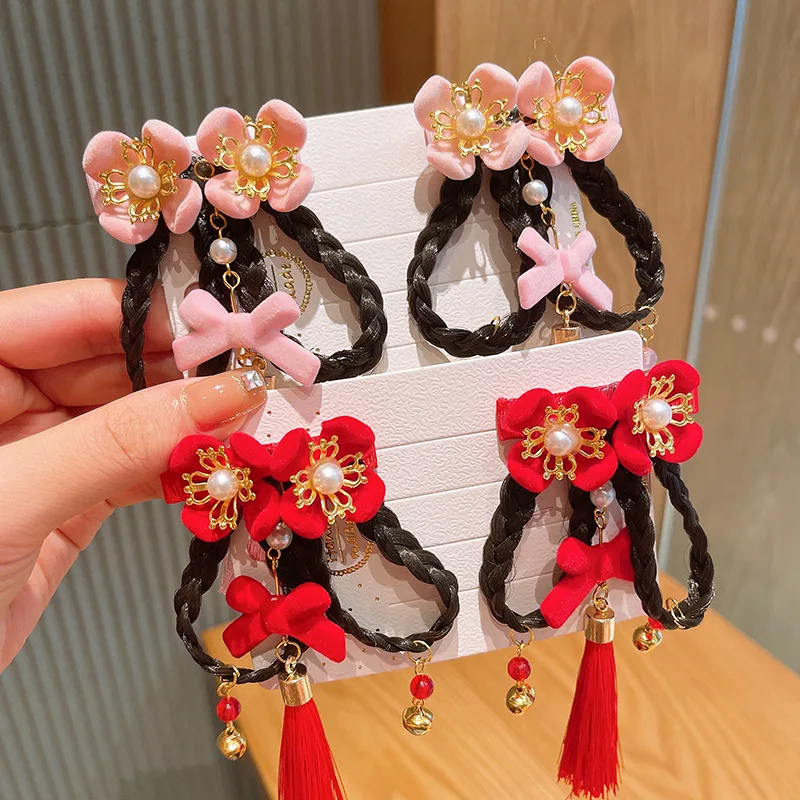 

1pair Children False Braid Red Hanfu Flower Pompom Bow Hairpin Girl Kid Hairclip Hair Clip Pin Headwear Accessories Ornaments