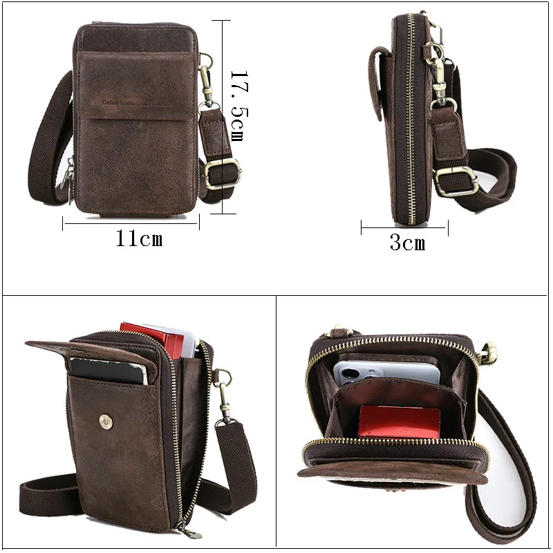 Men's Crossbody Bag Genuine Leather Shoulder Sling Bag Small Messenger Waist Pack Multifunctional Long Wallet for Men