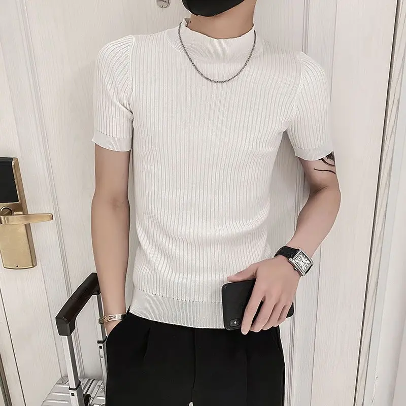 Spring Autumn New Short Sleeve Knitted Sweater Men Clothing Half High Neck Slim Sweater T-shirt Casual Stretch Homme Pullover