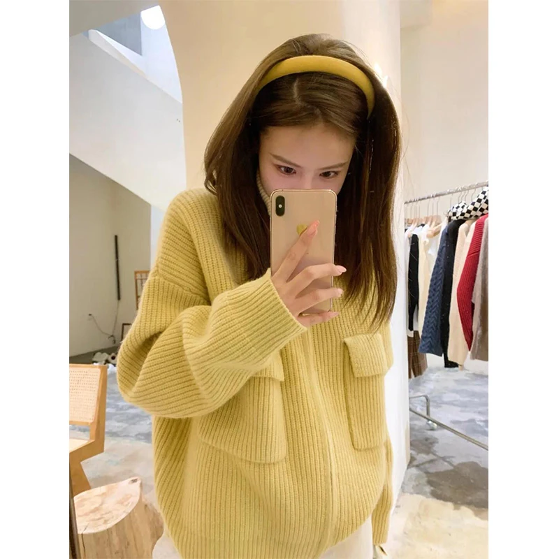 

Women's Knitting Sweater Stand Collar Zipper Long Sleeves Casual Korean Fashion Baggy Ladies Cardigan Outerwear Tops Autumn