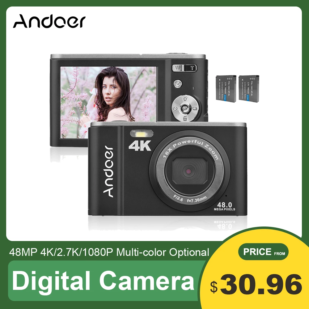 

Andoer Mini Digital Camera 48MP 4K 16X Zoom Self-Timer 128GB Extended Memory Face Detection Anti-shaking Built-in Batteries