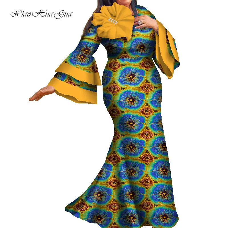 African Dresses for Women Bazin Ankara Dress African Print Flare Sleeve Dashiki Dress Plus Size Long Robe Africaine Femme WY7929