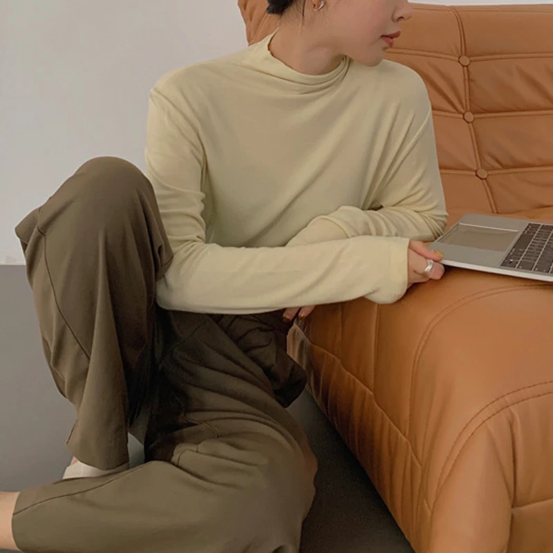 

Autumn and winter women's casual solid color turtleneck long-sleeved T-shirt