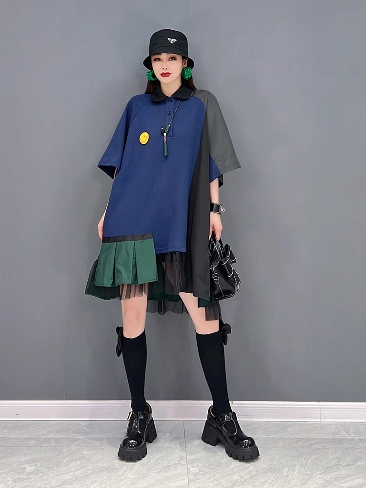 

SuperAen 2022 Summer New Fashion Casual Turn Down Collar Shirt Mesh Splicing Flounced Edge A-LINE Dresses for Women