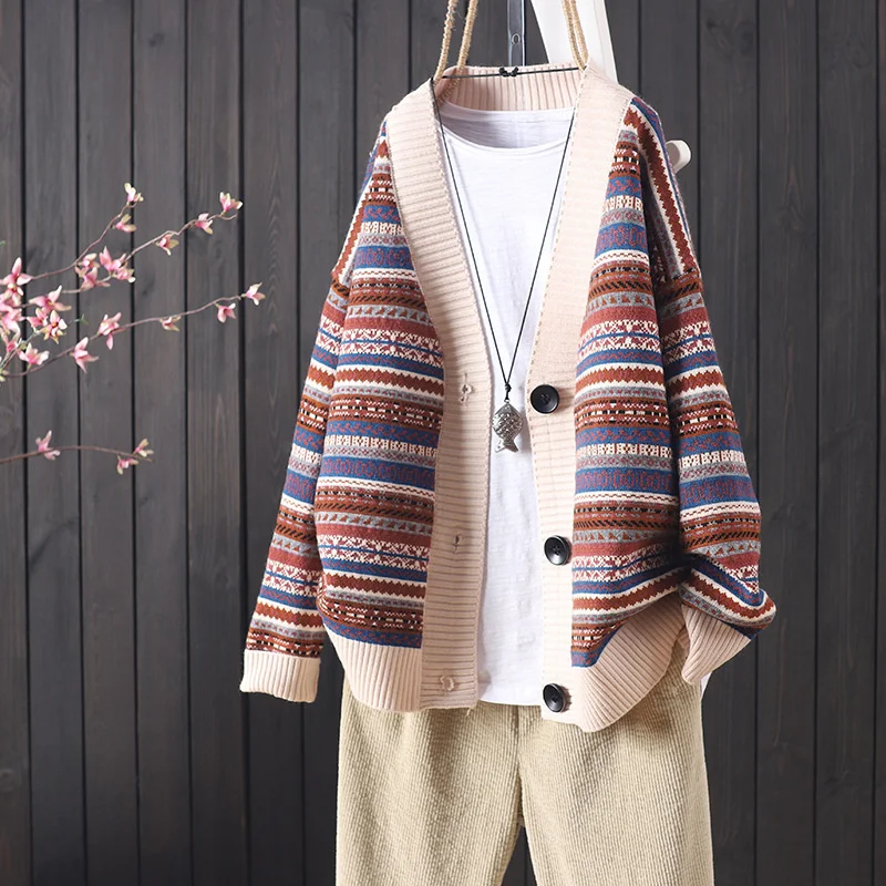 

Women's Black Knitted Cardigan Jacket New Loose Ethnic Jacquard Autumn Winter Western Style Fashion Harajuku Basic Street Style