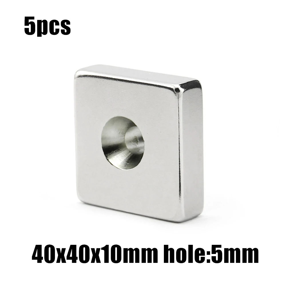 

Неодимовый магнит NdFeB N35 40x40x10 мм, 5 шт., отверстие: 5 мм, блок, супермощный постоянный магнит N35 40x10-5 мм