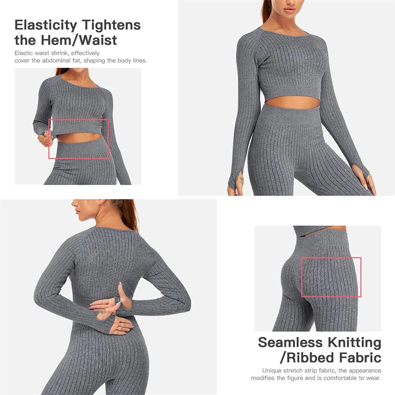 Women Seamless Yoga Set Long Sleeve Workout Outfits Gym Clothes Fitness Crop Tops Hight Waist Leggings Stripe Rompers Sportswear