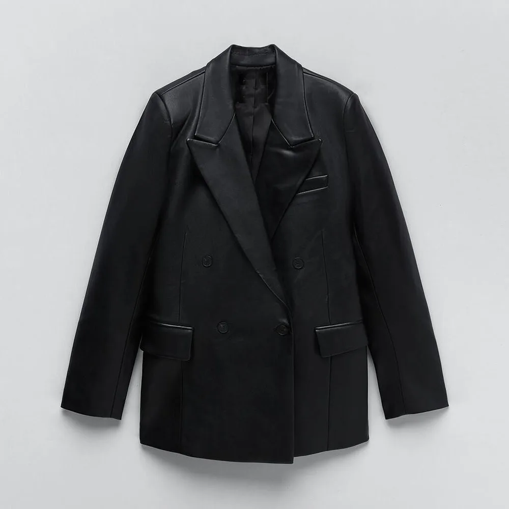 2021 Autumn and Winter Hot Sale New Women's Imitation Leather Slim Back Split Black Blazer Pu Jacket Button Mid-length Women